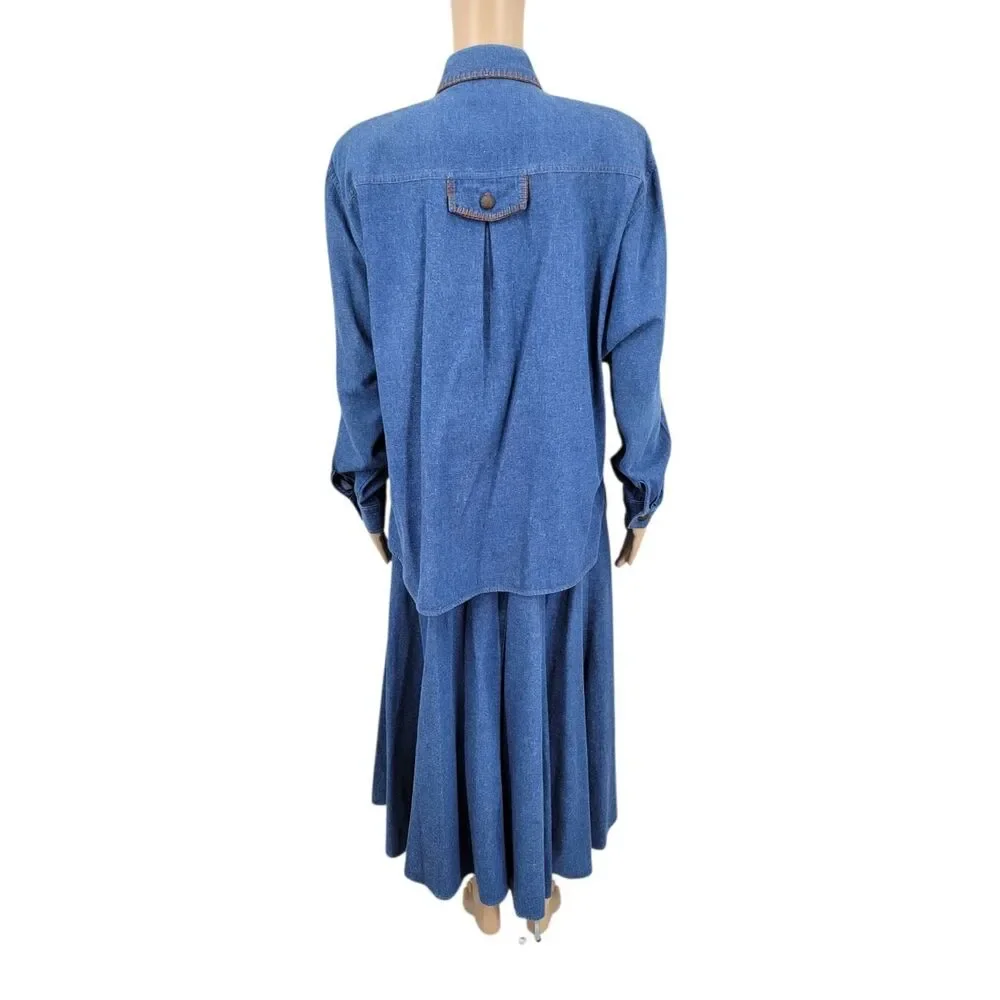 Vintage Denim Button-Up Shirt and Maxi Skirt Matching Set Western Cowgirl